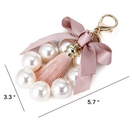 QTKJ Cute Bow Tassel Bag Charm Pendant Keychain Pearl Bracelets Keyring for Women Purse Handbag Decor (Pink)