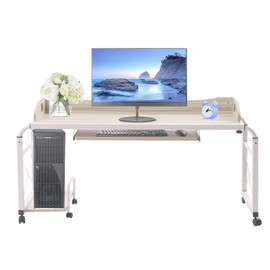 Overbed Table with Wheels, Height and Length Adjustable Mobile Table, 47 inch Standing Workstation Laptop Cart, Queen Size Overbed Desk, Portable Overbed Computer Table Laptop Desk, White