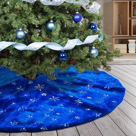 Atiming Blue Christmas Tree Skirt Plush 48inches Dark Blue Fur Christmas Tree Skirt Mat with Silver Sequin Snowflake Xmas Tree Skirt Base Cover for Christmas New Year Decorations (Blue-S, 122cm)