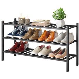Furshus Long Shoe Rack, 3-Tier Bamboo Stackable Shoe Shelf Storage Organizer, Shoe Stand for Closet, Entryway and Hallway