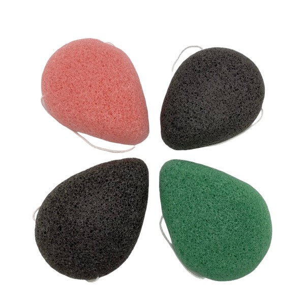 Regalia Atelier Organic pack of 4 - Aloe, pink clay, and Charcoal tear drop konjac face sponges. It’s made free of artificial colors or fragrances. No additives or preservatives, Non-Toxic, 100% Organic, 100% Vegan. Suitable for all skin types, especiall