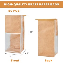 COMIKO 50pcs Bakery Bags with Window- 5.1x4.3x11 Inches Tin Tie Tab Lock Kraft Tin Tie Bags Cookie Packaging Bags Paper Bread Bags Kraft Paper Bags with Window (Brown, 50 Count (Pack of 1))