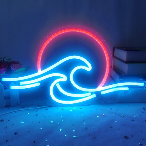 Sunrise Sunset Neon Sign Dimmable Waves Neon Sign Bedroom Decor Sunrise Neon Sign Surf Room Decor Living Room Office Bar Party Christmas (Ice Blue, Red)