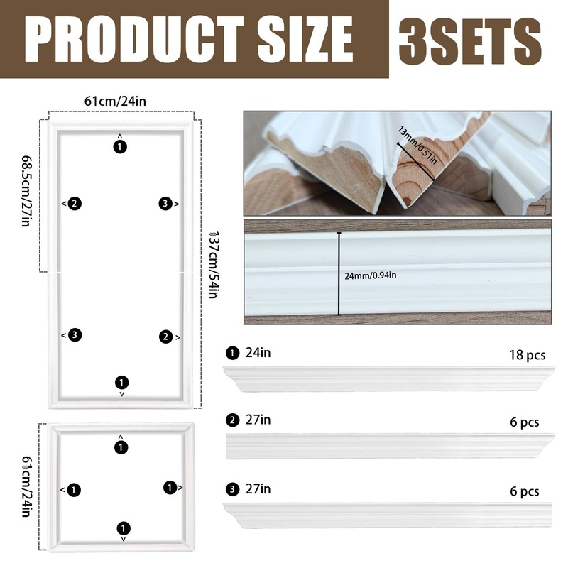 3 Set Solid Wood Wainscoting Panels Kit - Quick Installation
