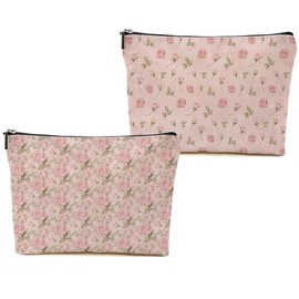 2pcs Pink Vintage Roses Floral Makeup Bag, Pink Coquette Roses Flower Cosmetic Bag Rose Gifts for Women Female Girls Sister BFF Nature Lover, Travel Zipper Pouch Christmas Thanksgiving Birthday Gifts