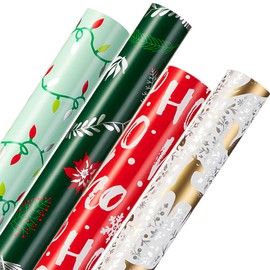 Christmas Wrapping Paper (4 Rolls: 93 sq. ft. ttl) Reindeer, Christmas Pine Tree Leaf, Snowflakes, Rabbit Squirrel Bird Fox - 17 inches x 16.5 feet Per Roll - Holiday Elements Collection for Gifts
