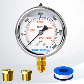 Hansfelds Liquid Filled Pressure Gauge 0-3000psi 2.5''Dial Face 1/4" NPT Lower Mount Stainless Steel case for Water Oil Gas Media accuracy1.6 with 1/4" x 1/2" NPT and 1/4" x 3/8" NPT Hex Reducer
