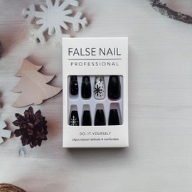 Christmas Press On Nails Medium Fake Nails Black White Stripes Square False Nails with Snowflake Designs Flame Full Cover Stick on Nails Winter Artificial Acrylic Nails for Women Nail Decor(24pcs)