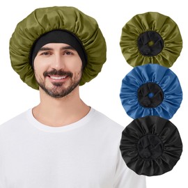 3Pcs Satin Bonnets for Men, Hair Bonnet for Sleeping Soft Elastic Band Silk Sleep Bonnet for Curly Hair Braids(Color 03)