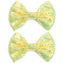 KISZU Large 5 Inch Glitter Hair Bows Clips, Sparkling Sequin Big Bow HairPins for Baby Girls Children Teens and Women (Yellow)