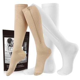 cerpite Zipper Compression Socks Men & Women - 2 Pairs Of 15-20mmhg Closed Toe Compression Socks Knee High,Suit For Running,, Beige White, 3XL