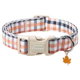 Unique Style Paws Fall Dog Collar, Comfortable Cotton Dog Collars with Cute Maple Pendant,Plaid Puppy Collar Fancy Puppy Accessories Suitable for Small,Medium,Large Dogs