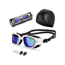 Hurdilen Swim Goggles - Anti-Fog Lens + Silicone Nose Clip/Ear Plugs, Adjustable Strap for Competition & Recreational Swimming (Blue&White)