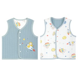 ANIMQUE Baby Toddler Vests Double-Sided Sleeveless Children's Vest Cotton Children's Jacket Spring Autumn Cardigan Top with Press Stud, 7071 Rocket Pattern Blue