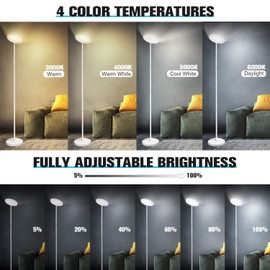 Outon Floor Lamp Modern, LED Torchiere Lamp 30W 2400LM, Tall Standing Lamp with 4 Color Temperatures, Stepless Dimmable, Remote and Touch Control, 1 Hour Timer for Living Room Bedroom, White
