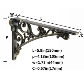 CABDM Decorative Shelf Bracket 6 inch, Brushed Antique Brass Brackets for Shelving, Heavy Duty Vintage, DIY Projects, Hardware Included, 4 Pack, 5.9x4.17x1.73 inch，Baroque Style