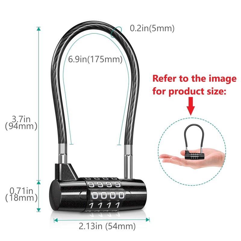 ORIA Long Shackle Combination Lock, 4.41x2.13x0.71'' Cable Lock, 4 Digit