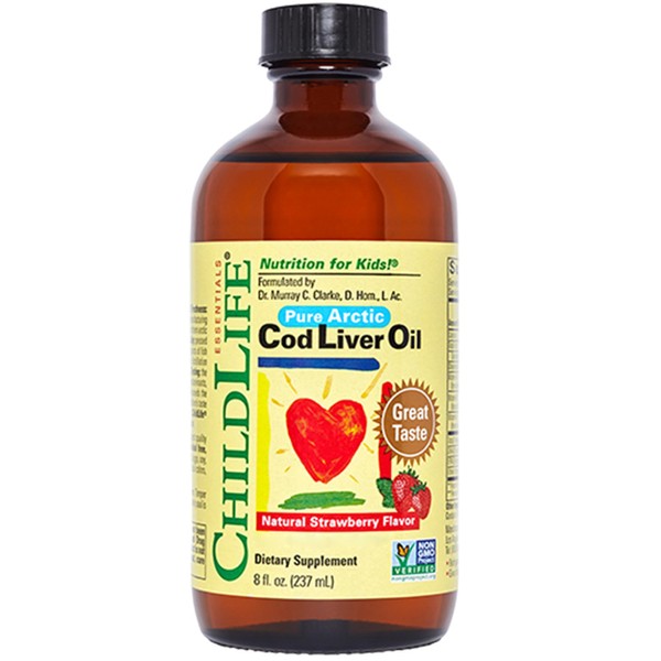 ChildLife Essentials Cod Liver Oil with Vitamin A, D and E, Strawberry Flavour, 273 ml, Laboratory Tested, Gluten Free, Soy Free, GM Free