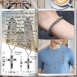 JUNOVUROS Large and Small Men's Cross Necklace Set with 5 Rolo Chains and 1 Cuban Bracelet, Jesus Christ Cross Religious Jewelry Gift, Silver/Gold/Black