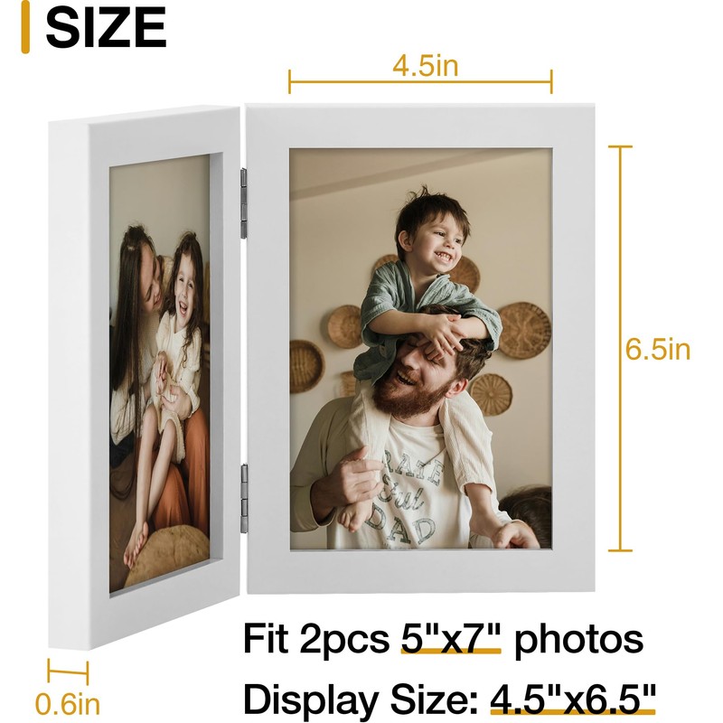 decorUhome Double 5x7 Picture Frame Vertical, Engineered Wood Bifold Photo