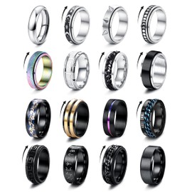 Besteel 16 Pcs Surgical Stainless Steel Band Rings for Men Women Fidget Rings Spinner Rings for Anxiety Relief Band Rings Wedding Pormise Engagement Rings Set Size 7