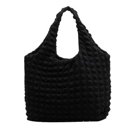 Halgio Women's Popcorn Bag, Tote Bag, Quilting, Waffle, Mokomoko, Shoulder Bag, Handbag, Eco Bag, Tote, Shoulder, Black, White, Black