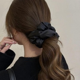 TseanYi Large Satin Silk Scrunchies Black Hair Scrunchies Oversized Black Satin Soft Hair Ties Big Thick Jumbo Hair Ties Exaggerated Huge Scrunchy Ponytail Holders Hair Tie