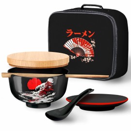 Japanese Ramen Bowl Set of 1-5 Pcs, 32 Oz Ceramic Microwaveable & Dishwasher Safe Large Noodle Bowl with Lid & Built-In Chopstick Holder, Pho, Udon, Thai, Korean, Rice - 6.5 Inch