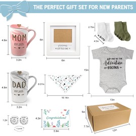 New Parents Gift Set Est 2025 Pregnancy Announcement Gifts for Couples-First Time New Mom Basket for Baby Shower Gender Reveal-Mom & Dad Mugs, Decision Coin, Baby Ultrasound Frame, Onesie, Bib, Socks