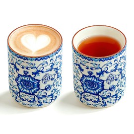 CmengAo Blue and White Floral Porcelain Tea Cups Set of 2 (6.76 oz)