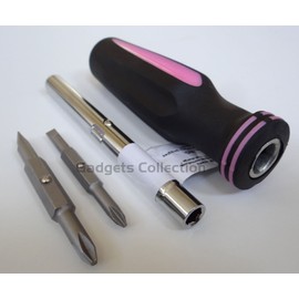 Gadgets Collection 7" 6-in-1 Women's Reversible Flathead & Phillips Screwdriver 1/4" & 5/16" Nut Driver Phillips PH1 & PH2 Flathead Slotted 3/16" & 1/4" with Pink Soft Grip Handle
