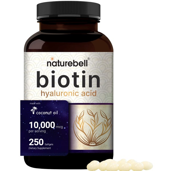 NatureBell Biotin 10000mcg + Hyaluronic Acid 25mg | 250 Coconut Oil Softgels, Premium Biotin Vitamins for Hair Skin and Nails, Highly Purified and Bioavailable, Quick Release