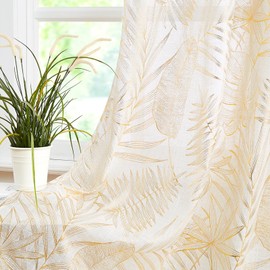Ronaldecor Linen Curtains 84 Inch Length Gold Leaf Patterned for Living Room Tropical Farmhouse Semi Sheer Grommet Drapes Bedroom Light Filtering Window Curtain W52Inch, 2 Panels