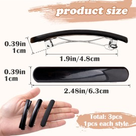 STSTR 3PCS French Barrette Hair Clips for Women, Small Tortoise Shell Hair Clip, Curved Glossy/Frosted Thin Hair Flat Hair Accessories for Women - Black, Crossed/Oval Style