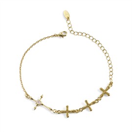 Hmofalate Sideways Cross Bracelet for Women, 14K Yellow Gold Plated, Cross embedded 5A White Cubic Zirconia(CZ), Adjustable Link Chain, Catholic Religious Christian Jesus Bracelet Gift for Women