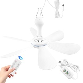 USB Powered Small Ceiling Fan 6 Blades Quiet DC 5V USB Hanging Fans for Indoor Outdoor RV Bed Room Dorm Desk Travel Camping Tent Cubicle Mini Portable Canopy Fans (White Remote Control)