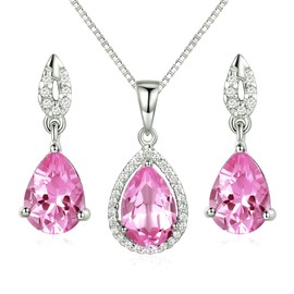 Jewellery Set 925 Silver Women's Chain Earring Necklace Pendant Stud Earrings Drop Elegant with Birthstone Gift Packaging 40 + 5 cm Chain Length Gifts for Party/Anniversary/Birthday, Created Pink