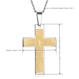 BIYONGDE Bible Cross Necklace Pendant, Men Women, 24 inches Chain Necklace, Stainless Steel, Silver Gold
