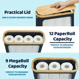 ROSOS Toilet Paper Storage Basket 12 Rolls, Toilet Paper Basket with Lid, Large Toilet Paper Holder, Bathroom Storage Organizer with Bamboo handle and Lid, Toilet Paper Organizer Basket, Black