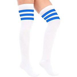 Crazy Chick® Ladies Girls Over the Knee Thigh High Socks - Womens Referee 3 Stripes Cotton Casual Boot Stockings - Long Cheerleader Socks for Daily Wear Sports Cosplay (White with Blue)