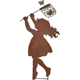 Boy Girl Silhouettes Chasing Butterfly Metal Vintage Garden Silhouette Sculpture Yard Garden Metal Stake Decor