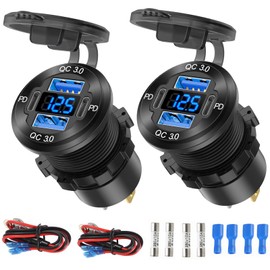 2 Pack 12V USB Outlet 4 Port Car Charger Socket, 78W Dual PD USB C and Dual Quick Charge 3.0 Port Aluminum Charger with Voltmeter DIY Kit Waterproof for Car Boat Marine Motorcycle RV ATV Truck, etc