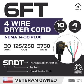 Iron Forge Cable 4 Prong Dryer Cord 6 ft, 10/4 NEMA 14-30 Plug 30 Amp Extension Cord 6 Foot for Dryer & EV with Ring Terminals, 10 Gauge Appliance Power Cord 4 Prong 125V/250V - ETL Certified SRDT
