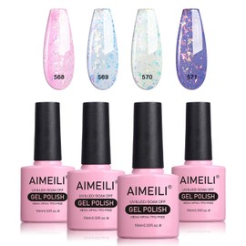 AIMEILI Semi-Permanent Nail Polish Kit, 4 Colors 10ml Glitter Purple Pink Gel Nail Polish Soak Off UV LED - Durable & Easy to Use Nail Art Gel Polish Gift Set 32