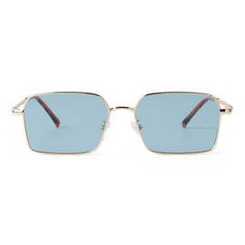 JUDOO Retro Rectangle Sunglasses for Women Men Trendy Vintage Gold Metal Frame Rectangular Sunglasses Tinted Classic Shades (Light blue lens)