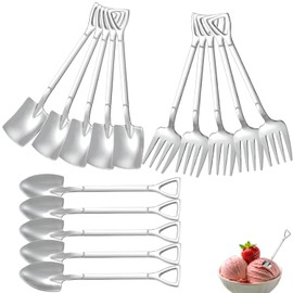 15 Pcs Silver Mini Shovel Spoons and Fork Set for Desserts Include 5 Shovel Shape 5 Pointed 5 Stainless Steel Fork Ice Cream Spoons for Home Party Kitchen Restaurant Bistro,Sliver 4.7in