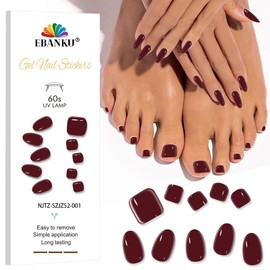 EBANKU Semi Cured Gel Pedicure Strips Kit, 28PCS Dark Red Toe Nail Wraps 24PCS Gel Nail Strips, Works with UV Lamps, Long Lasting, Easy to Use- Includes Nail File & Nail Stick