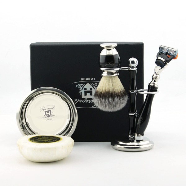Haryali London 5 Piece Shaving Set for Men, 5 Razors with Synthetic Badger Hair, Shaving Brush, Stand and Soap, Perfect Set for Men