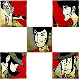 Kustom Art Set Composition 5 Magnets (Magnet) Vintage Style for Lupin III Refrigerator: Lupin, Goemon, Jigen, Fujiko, Zenigata Collection Laser Print on Wood 8X8cm.