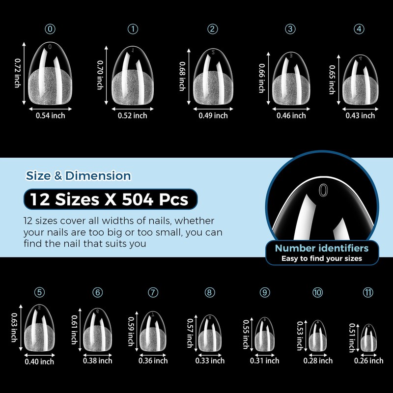 Extra Short Almond Nail Tips, 504pcs 12 Sizes, Soft Acrylic